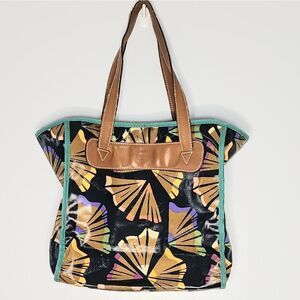Fossil tote bag purse brown leather handles blue trim